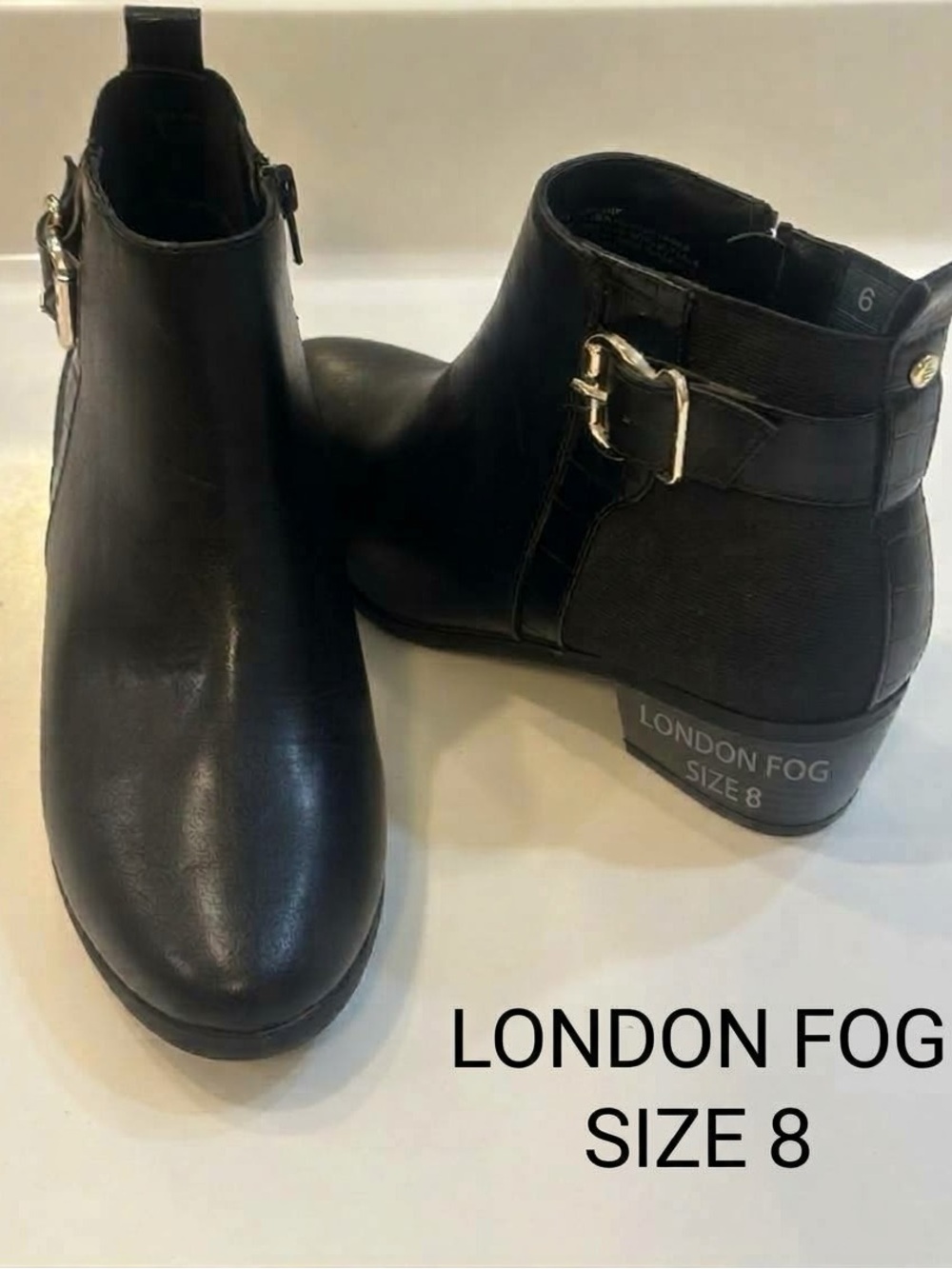 London Fog Black Harmony Buckle Chelsea Ankle Booties Size 8M - 2”L heel.